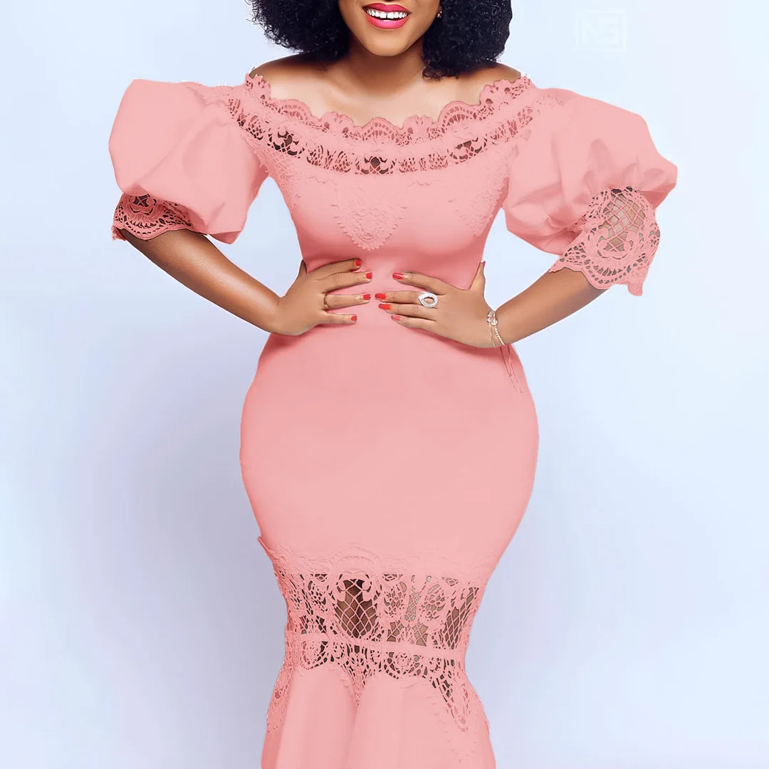 Feminino uma palavra gola manga bolha renda emenda banquete fishtail vestido saia vestido longo temperamento simples sexy high-e