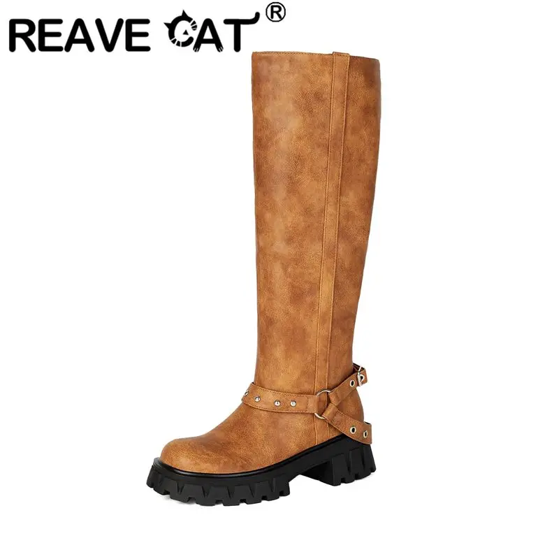 REAVE CAT Green Women Knee High Boots Round Toe 5cm Block Heel 2.5cm Platform Slip On Belt Buckle Big Size 41 42 43 Retro Botas