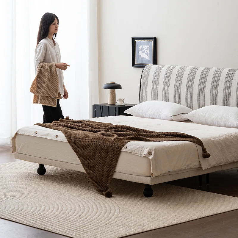Modern simple striped cloth French retro master bedroom solid wood removable linen double bed