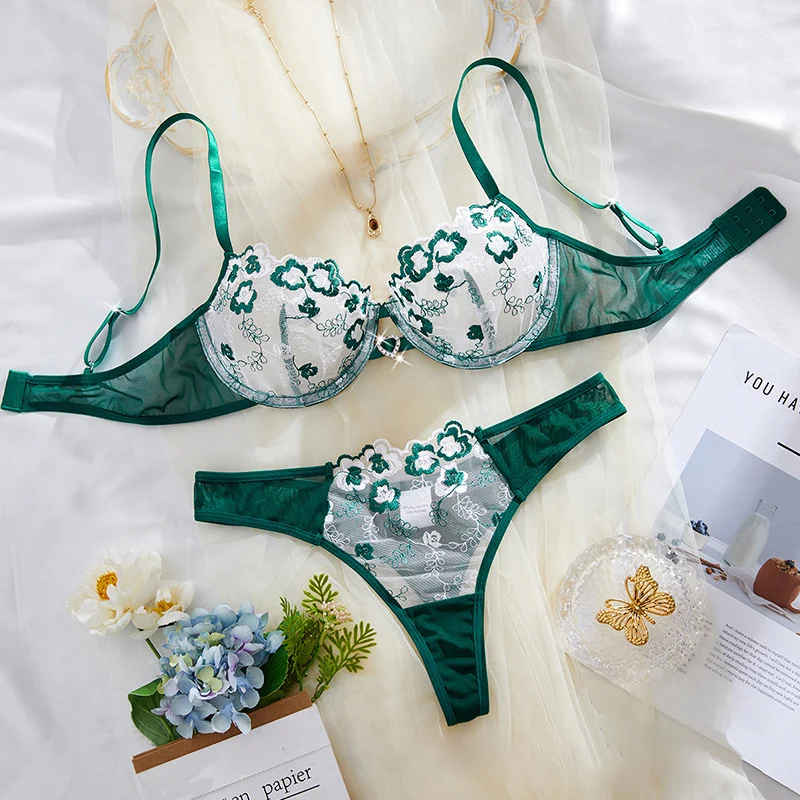 

Women's Underwear Sexy Set Ultra Thin Mesh Lingerie Dark Green Erotic Lingerie Floral Embroidery Bra Sets See Through Lingerie