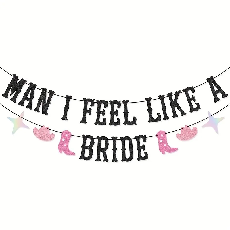 "Man I Feel Like A Bride" Black Glitter Banner, Western Cowgirl Bachelorette Garland with Pink Cowboy Boots & Hats view 6