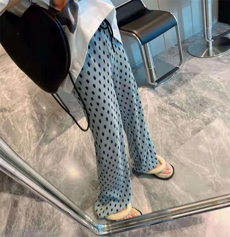 High Waist Textured Pleated Wide Leg Pants Women Summer Thin Drape Loose Bf Lazy Style Polka Dot Floor Length Pants