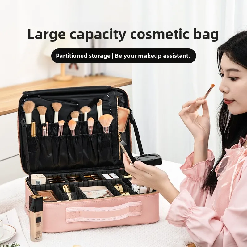 Large Capacity Portable Cosmetic Bag for Women Cute Pink Makeup Organizer with Multiple Compartments for Nail Art Eyebrow