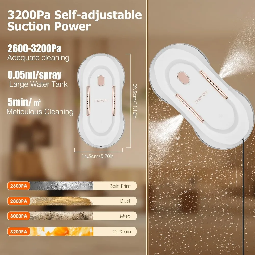 Window Cleaner Robot with Dual Water Spray, 3000Pa Suction, Auto Cleaning for Glass Doors & Windows