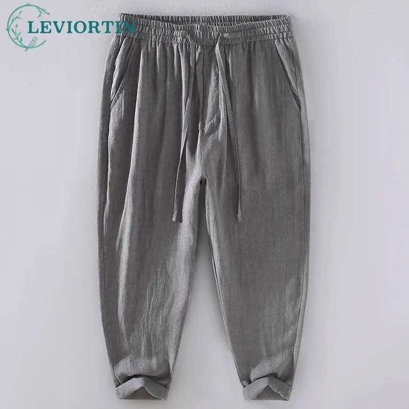 

Summer new men's casual loose drawstring waist beach yoga cropped pants Tencel ramie comfortable breathable versatile pants