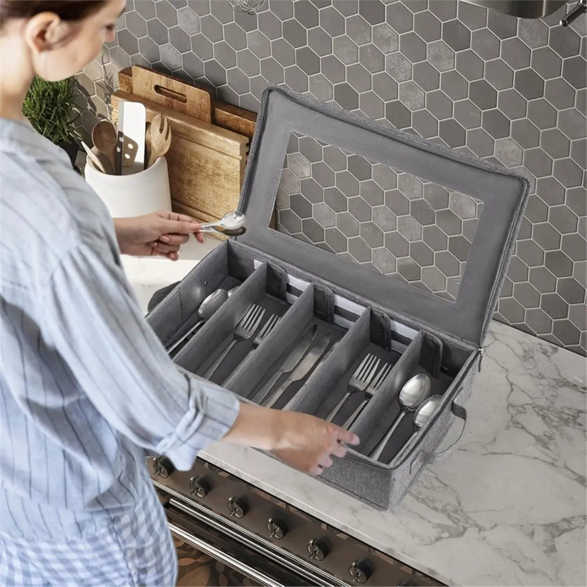 2 Pack Flatware Utensil Storage - Sturdy Silverware Storage Box with Dividers, 5 Compartment Flatware Storage Case