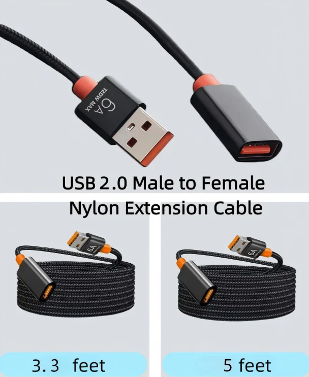 USB Extension Cable 5FT,USB 2.0 Type A Male to Female USB Extender Cord Nylon Braided 480Mbps Data Transfer for Keyboard, Webcam