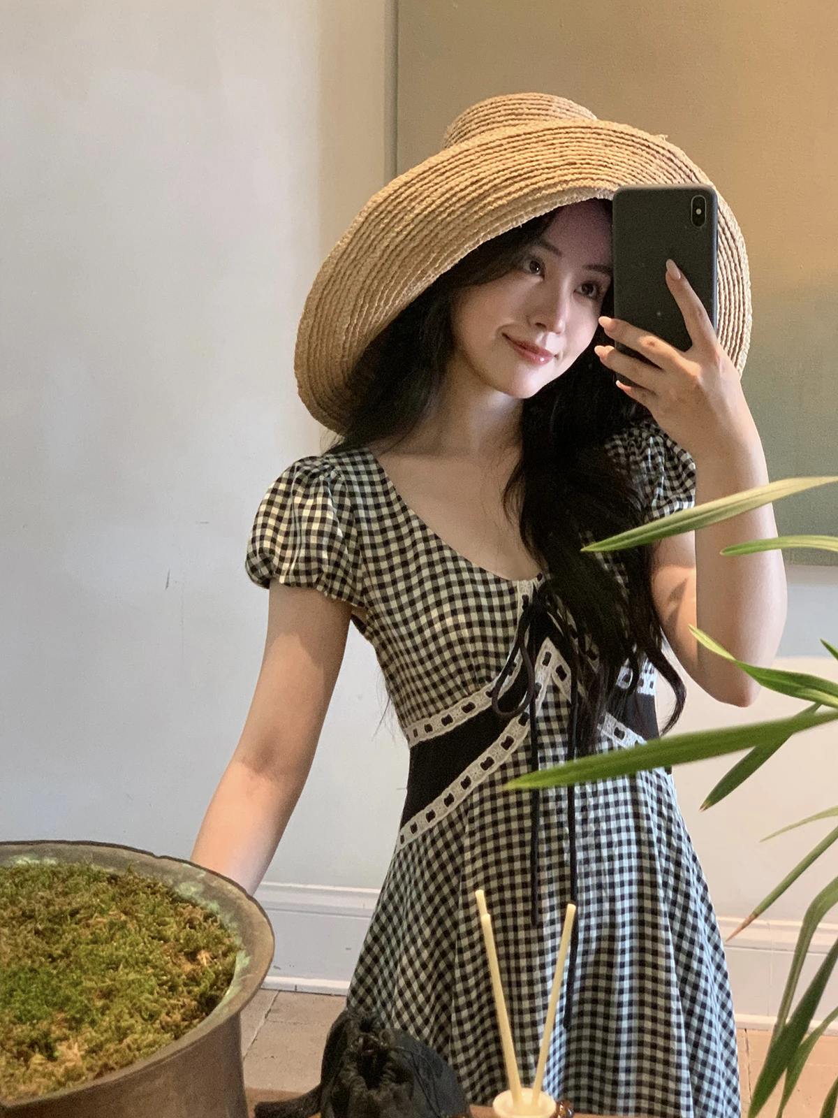 

Summer Waist-Cinching Slimming Plaid Sa Dr Women's Vintage Elegance Long Dr Tii Proportion Bla id Knot Dr