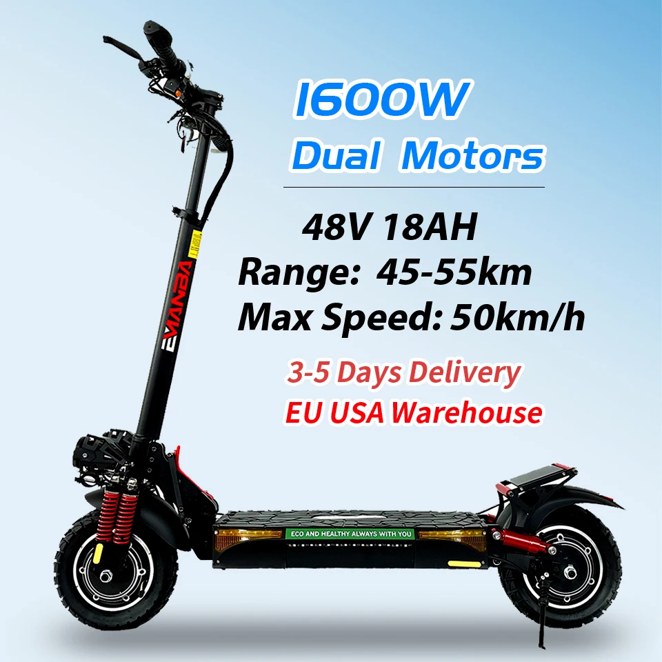 Lager in Deutschland Lange Reichweite 10 Inch Folding Off Road Adult E Scooter Waterproof 48V 1600W Dual Motor Electric Scooters