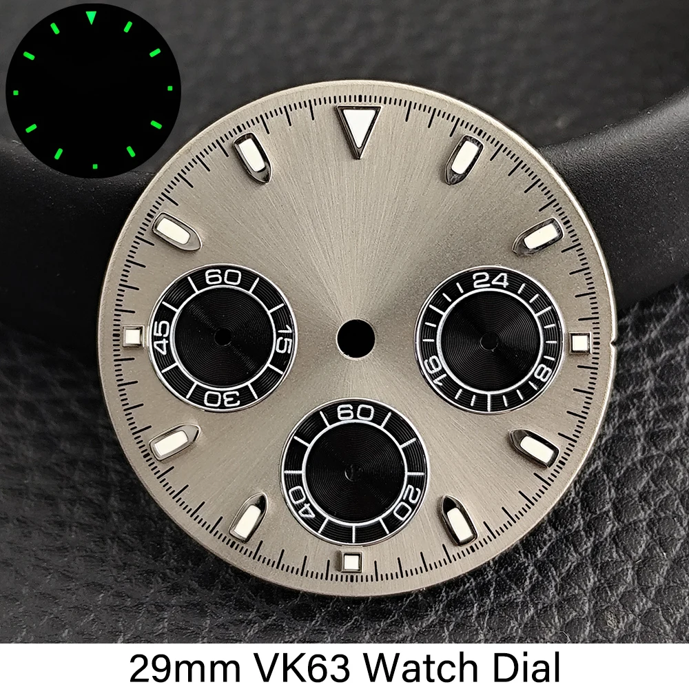 Hochwertiges VK63 Zifferblatt 29mm Grün Leuchtendes Uhrenzifferblatt Passend für VK63 Quarzwerk Uhrenzubehör VK63 Zeiger Uhren für Herren – Detail 4