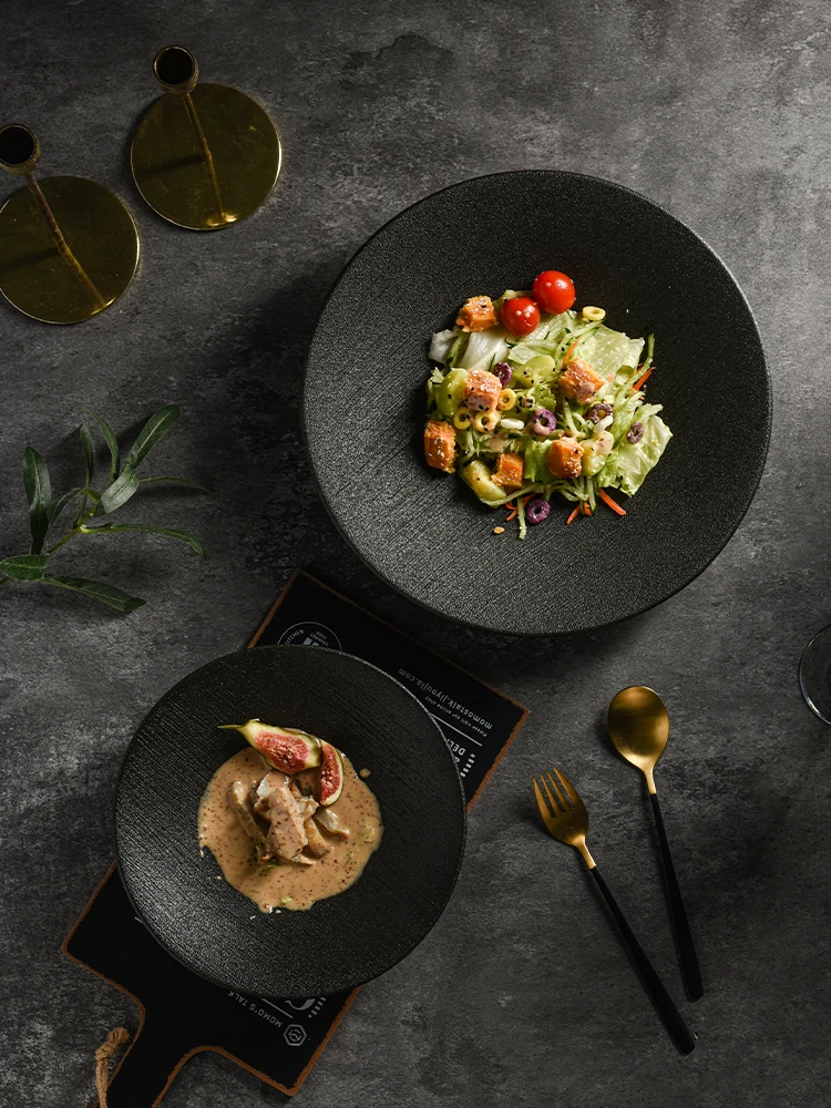 Ceramic Pasta Plate Large Creative Salad Plate French Meal Black Italian Swing Plate Sashimi High-Grade Hotel Tableware