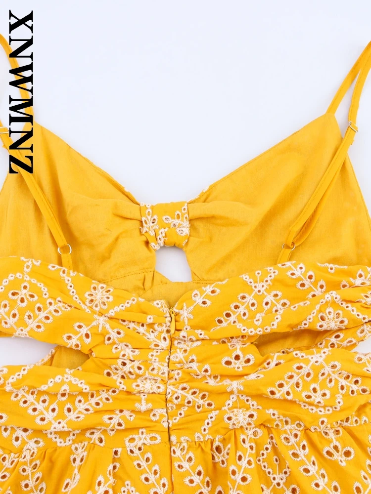 XNWMNZ 2025 verano mujer Chic vacaciones delgada correa de hombro hombro midi vestido boho Sexy mujer dorado sin mangas vestidos simples