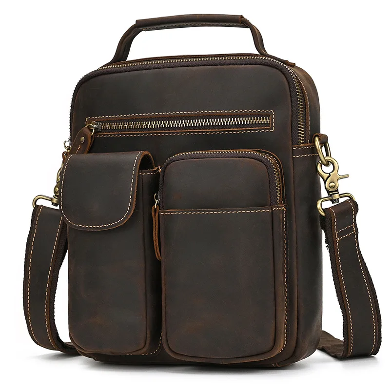 Crazy Horse Leather Men's Shoulder Bag Large Capacity Multi Pockets Crossbody Bag Business Handbag Leisure Messenger Bag Purses