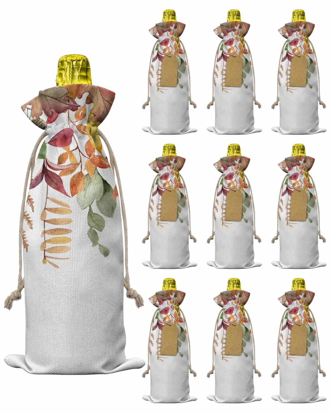 10pcs Hazelnut Leaves Eucalyptus Leaves Autumn LeavesWine Bottle Bag with Drawstring Festive Party Decor Wine Bottle Covers Gift