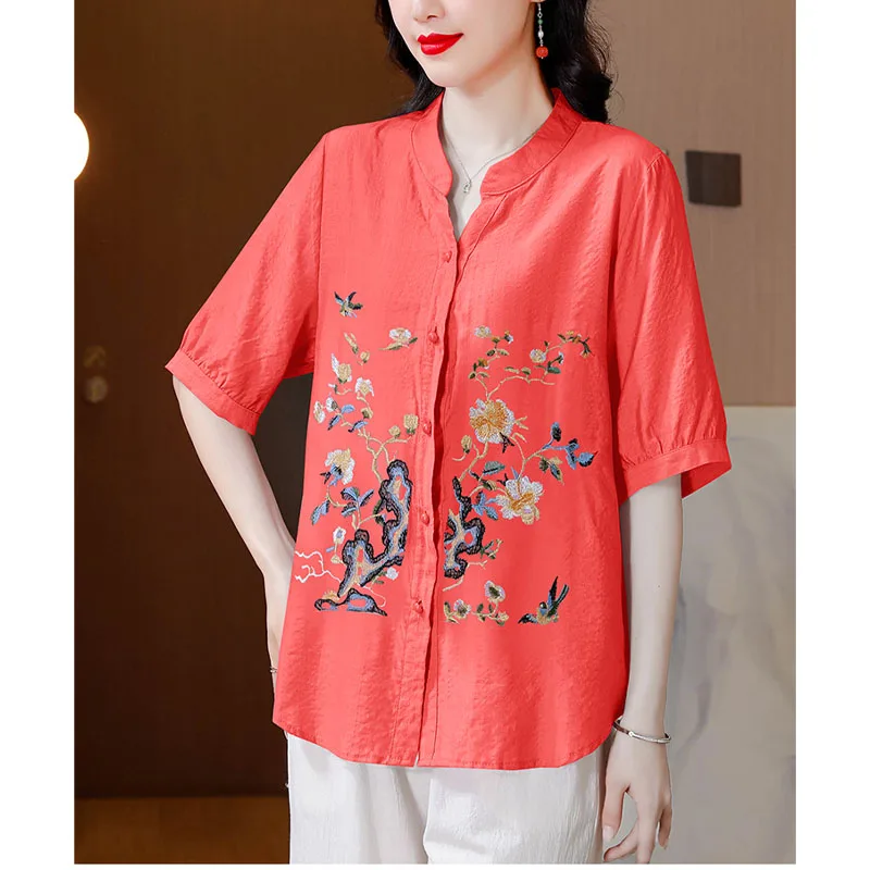 2024 New Women\'s Summer Cotton and Linen Embroidery Splicing Stand Collar Fashion Loose and Versatile Short Sleeve Shirt Tops