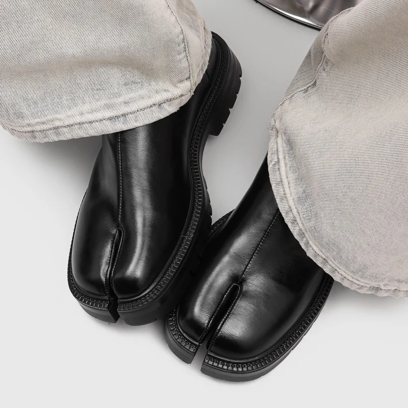 Maganad Genuine Leather Split Toe Loafers for Women Men Couple Shoes Black Flat Comfortable Casual Moccasins