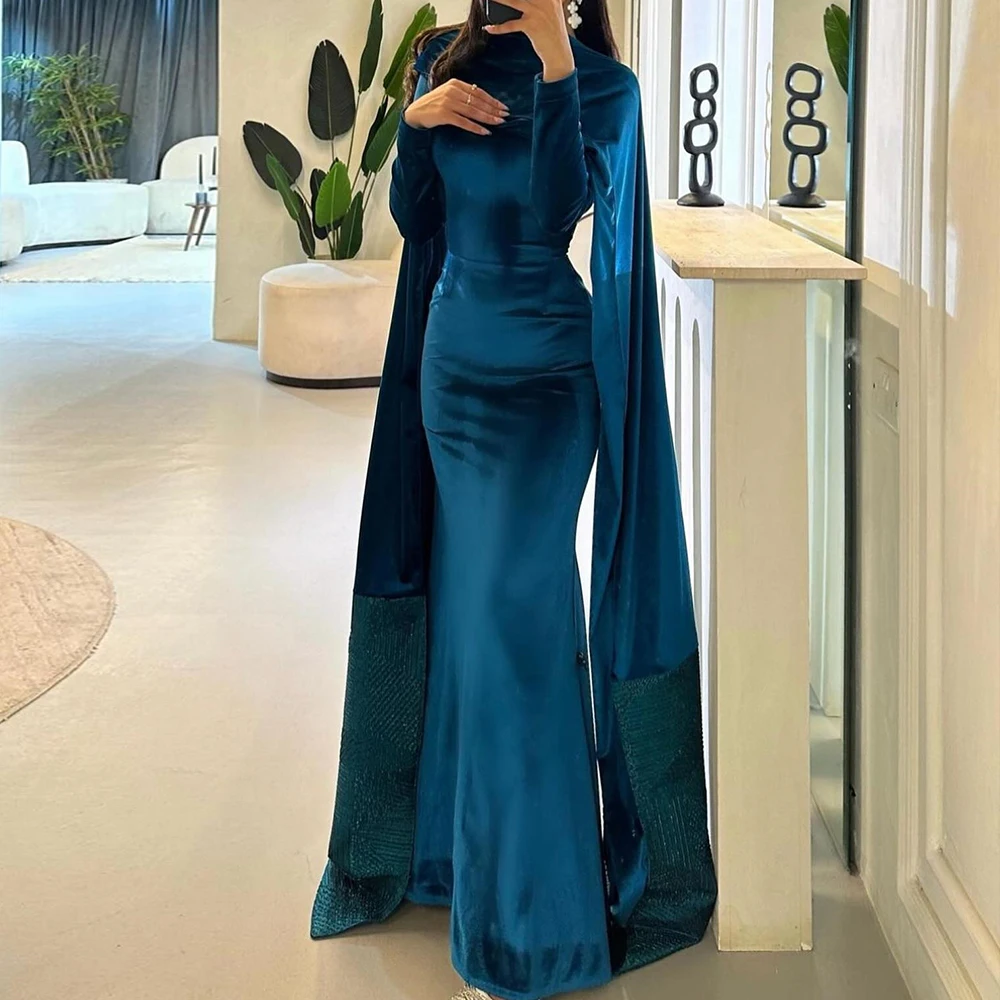 

Blue Velvet Sequined Formal Lace High Neckline Evening Dress Straight Floor Length Long Sleeves Sweep Train Vestido De Noche