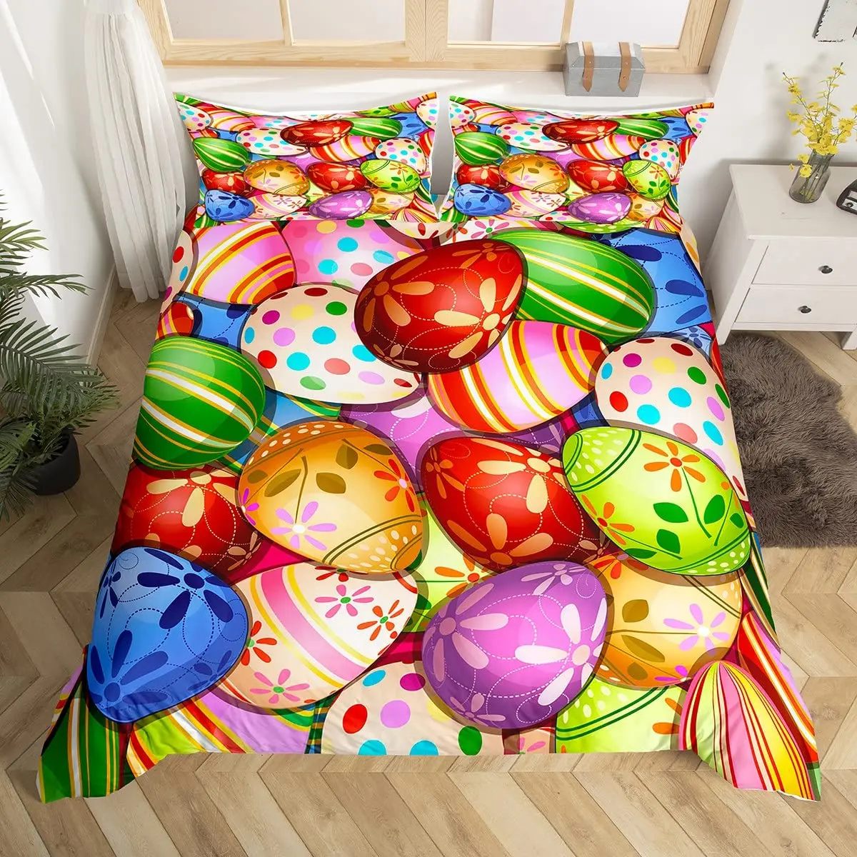 

Watercolor Easter Eggs King Queen Bedding Set Happy Easter Themed Duvet Cover Toddlers Rainbow Easter Egg Polyester Quilt Cover