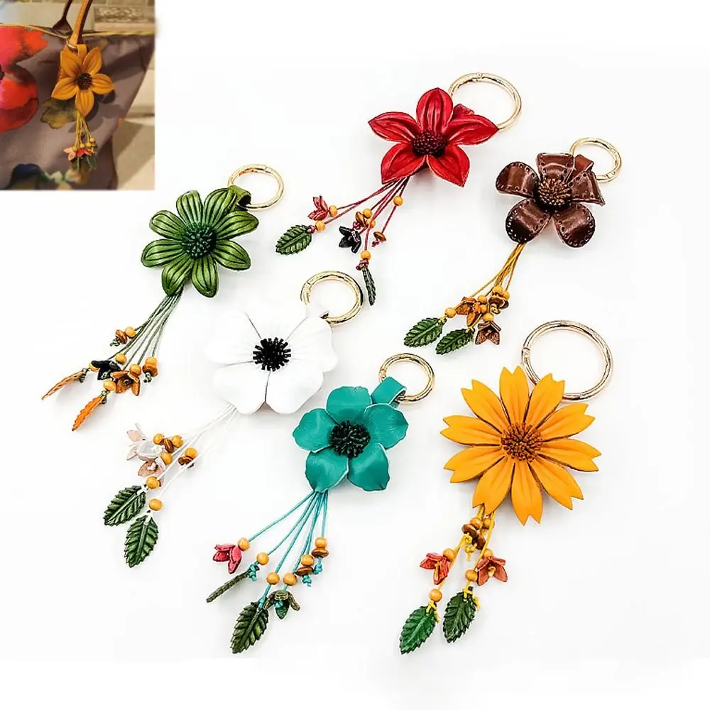 

PU Leather Leaf Flower Tassel Keychain Floral Pattern Durable Tassel Leaf Key Ring Various Colors Lightweight