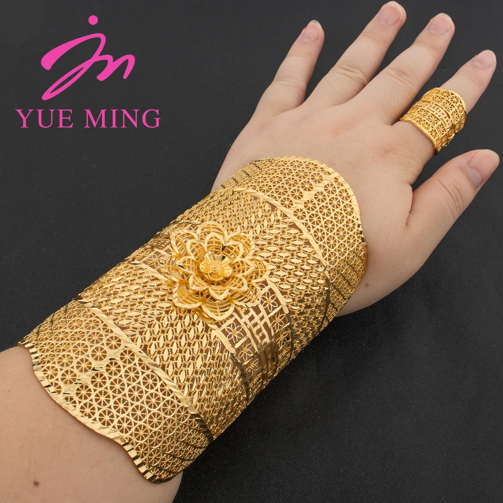 

France Luxury Cuff Bangle with Ring For Women Dubai Gold Color Big Flower Bracelet Adjustable Ring Jewelry African Wedding Gifts