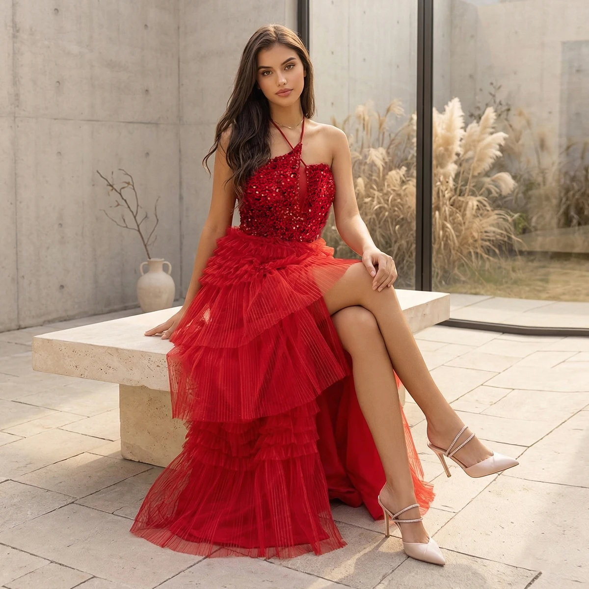 

VIPGIRL Красное вечернее платье с пайетками, на бретелях, с многоярусной тюлевой юбкой и высоким разрезом, для выпускного вечера