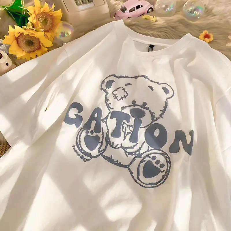 Japanese Niche Bear Print Short-sleeved T-shirt Women's Trendy Brand Loose All-match Girls Couple Half-sleeve Tops for Women