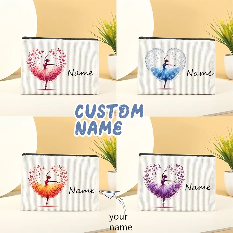 Personalized Name Ballerina Cosmetic Pouch Corduroy Custom Print Women Travel Makeup Storage Zipper Bag Lovely Dancer Gift
