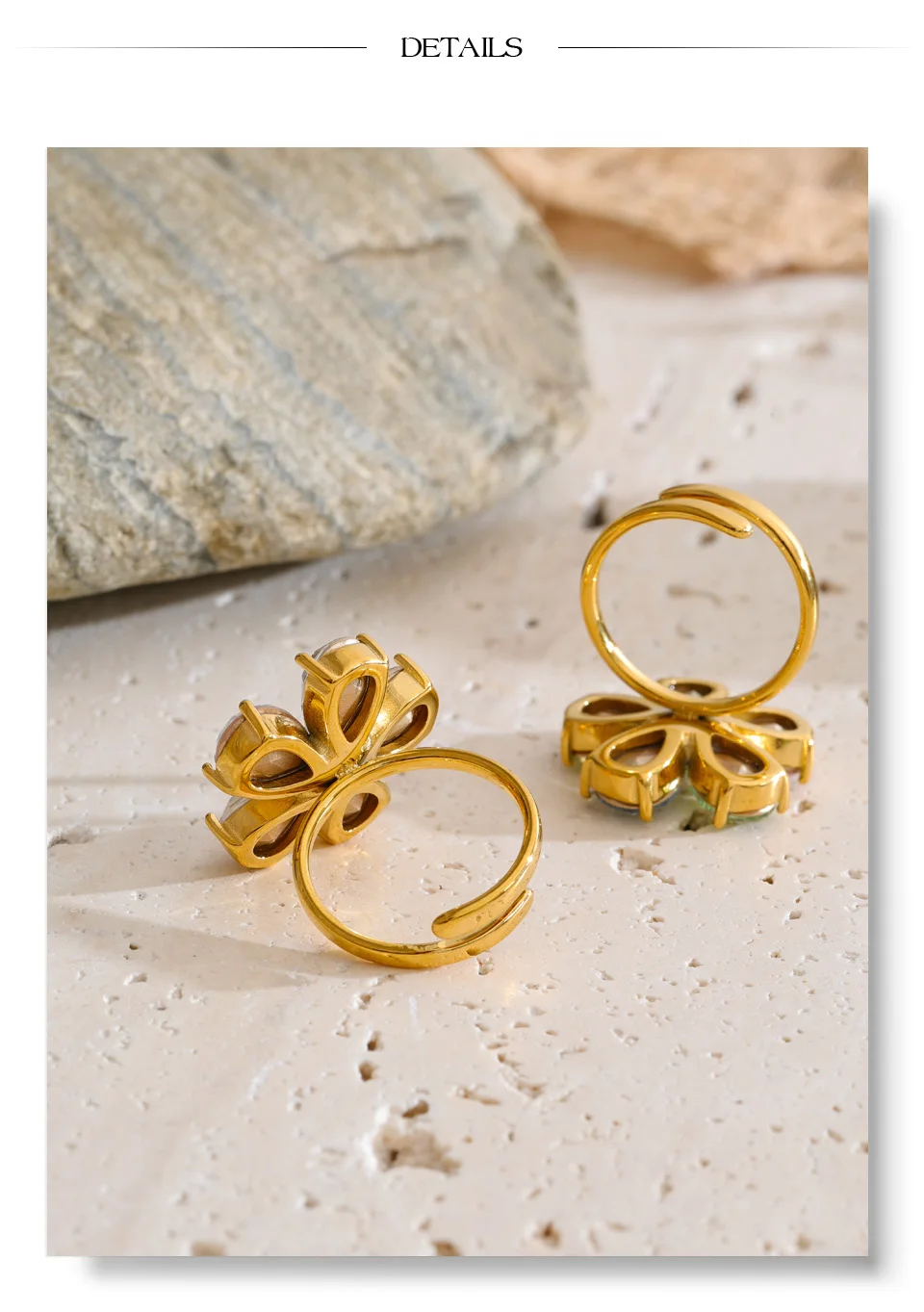 Yhpup Bunter, glänzender, verstellbarer Ring mit kubischem Zirkonia-Blumenmuster, 18 Karat Goldfarbe, Edelstahl, temperamentvoller Premium-Fingerschmuck – Detail 7