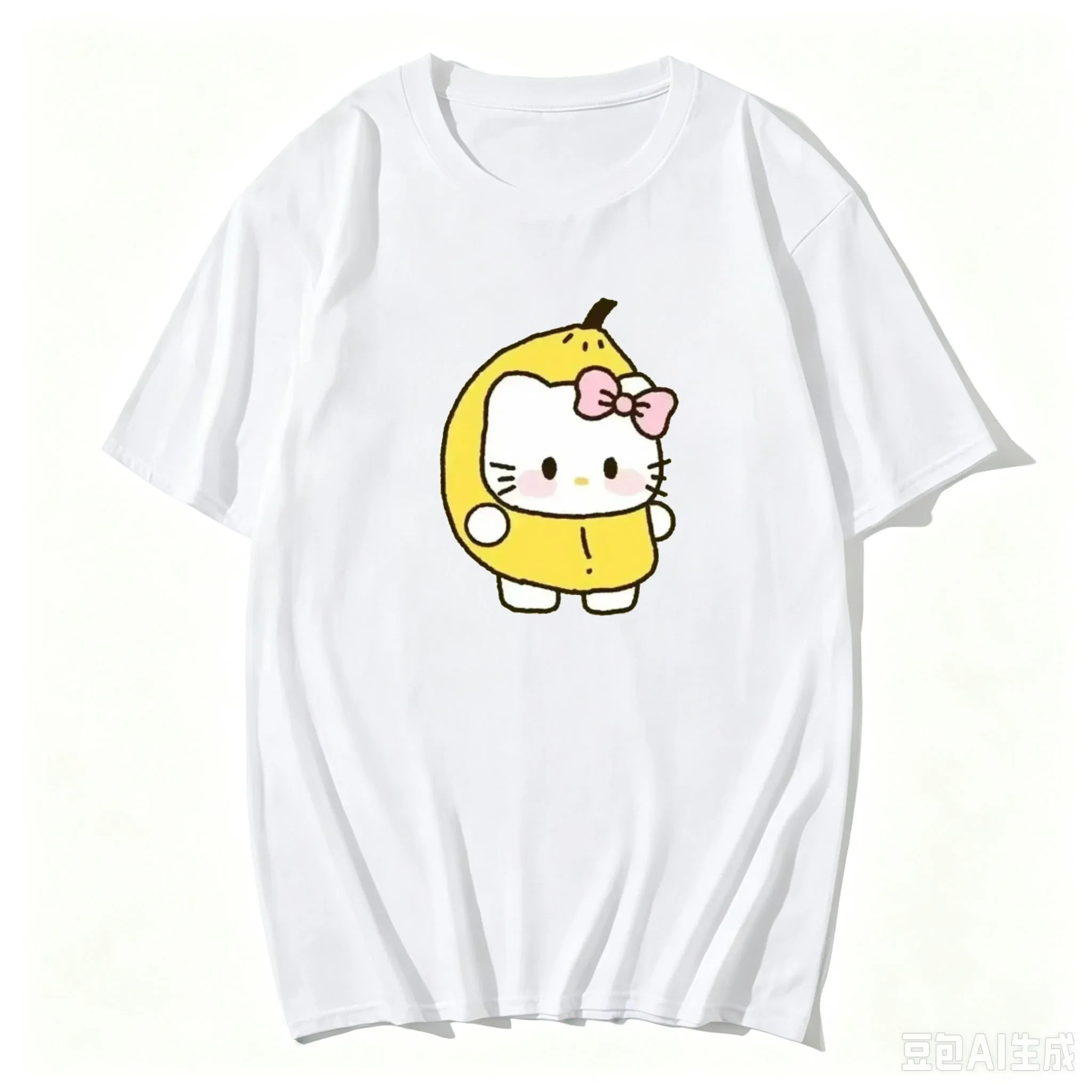 2026 Kawaii Banana Kitty 2D Print Short-Sleeve T-Shirt Women's Clothing Girls' Fashion Pure Cotton Comfortable Casual Top