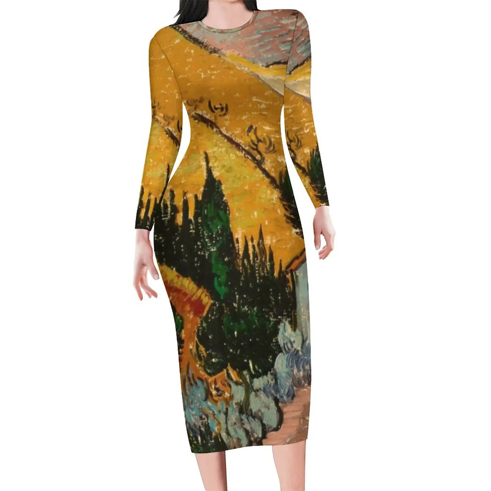 Vincent Van Gogh Dress Women Landscape With House Fashion Bodycon Dress Summer Long Sleeve Sexy Dresses Custom Oversize Clothes