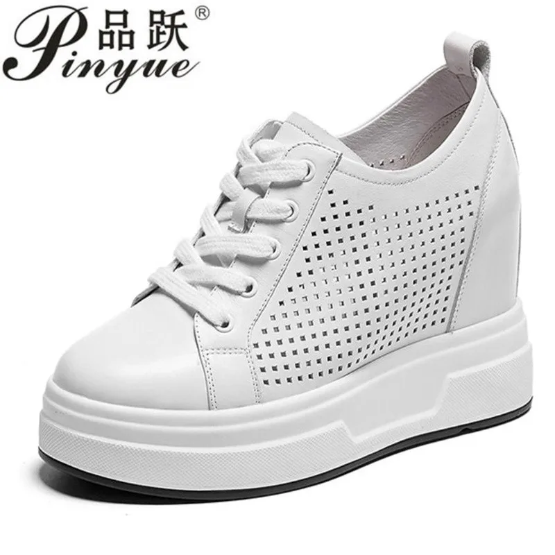

9.5cm Genuine Leather Women Breathable Sneakers Increased Platform Footwear Leisure White Shoes Women's Vulcanize Shoes 33-40