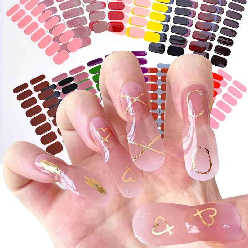 16/20pcs Gel Nail Stickers Solid Color Nail Semi-baked Tips Full UV Nail Need Decals Paste Lamp Manicure Beauty Tools