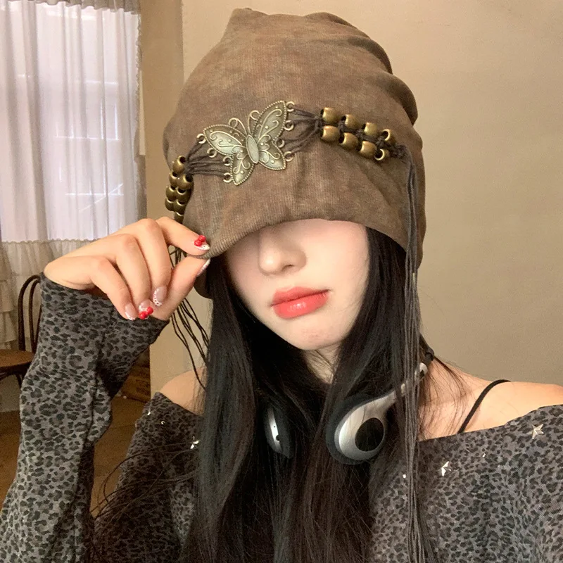 

Fashion Women's Cute Hat Sweet Cool Style Tie Dyed Tassel Beaded Pile Hat American Retro Wrapped Hat Cold Hat Loose Beanies Hat