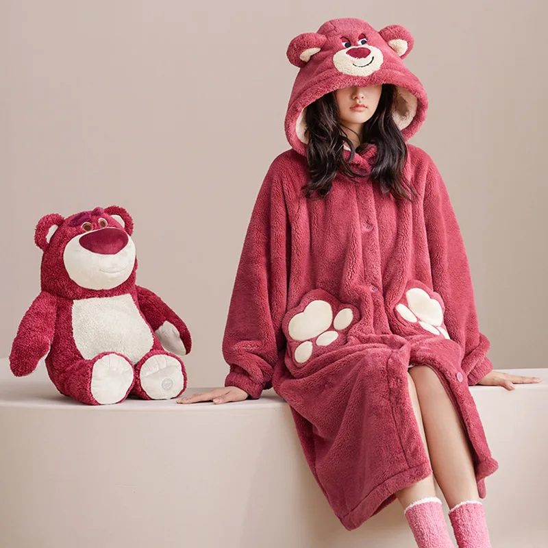 

Strawberry Bear Long Plush Sleeping Robe Women's Autumn/Winter Hooded Pajama Thick Plush Bathrobe Long Warm Home Clothing Set