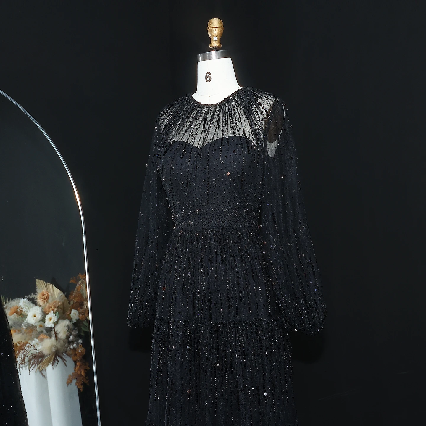 Sharon Said-vestidos de noche de manga larga, color Beige, de lujo, con volantes, vestidos formales con cuentas negras para mujer, boda SS514 personalizado