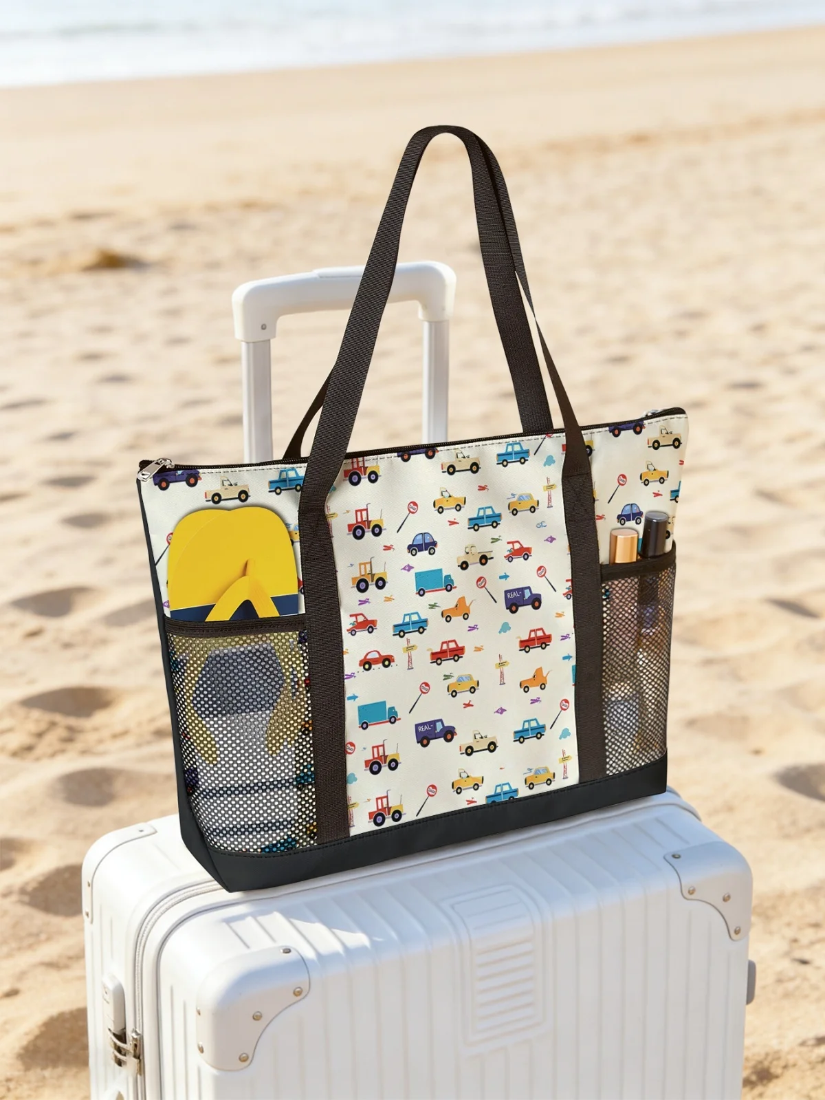 

Сумка с принтом в виде маленькой машинки, вместительная женская пляжная сумка, водонепроницаемая дорожная сумка через плечо с сетчатым карманом.