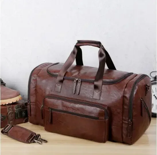 Bolsas de viagem de grande capacidade para homens, couro PU retro, bagagem de viagem, bolsa de ombro ao ar livre, mochila masculina