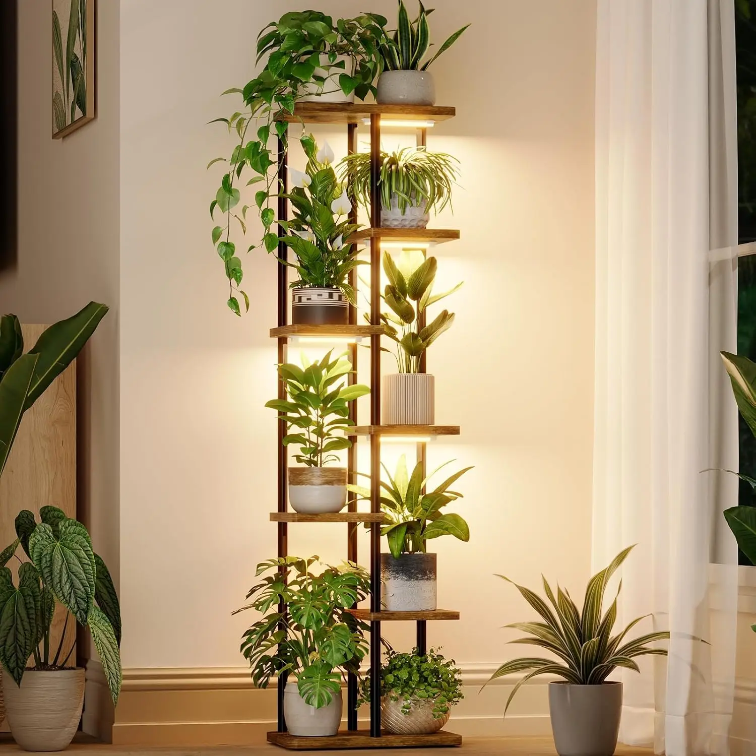

7-Tier Plant Stand with Grow Light, Corner Shelf for Indoor Plants, Metal & Wood, Home Decor