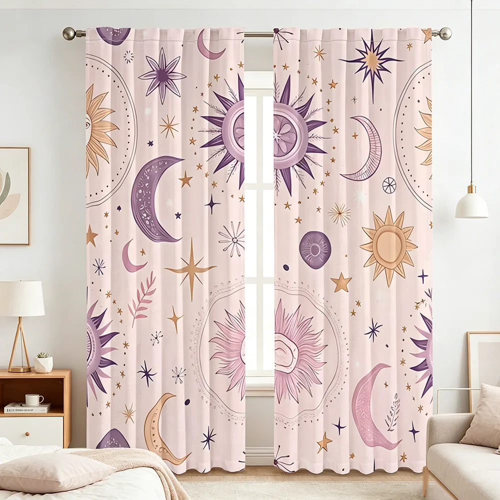 2PCS Digital Printed Curtains, Pink Sun Moon Celestial Boho Mystical, Rod Pocket Window Drapes for Living Room Bedroom Decor