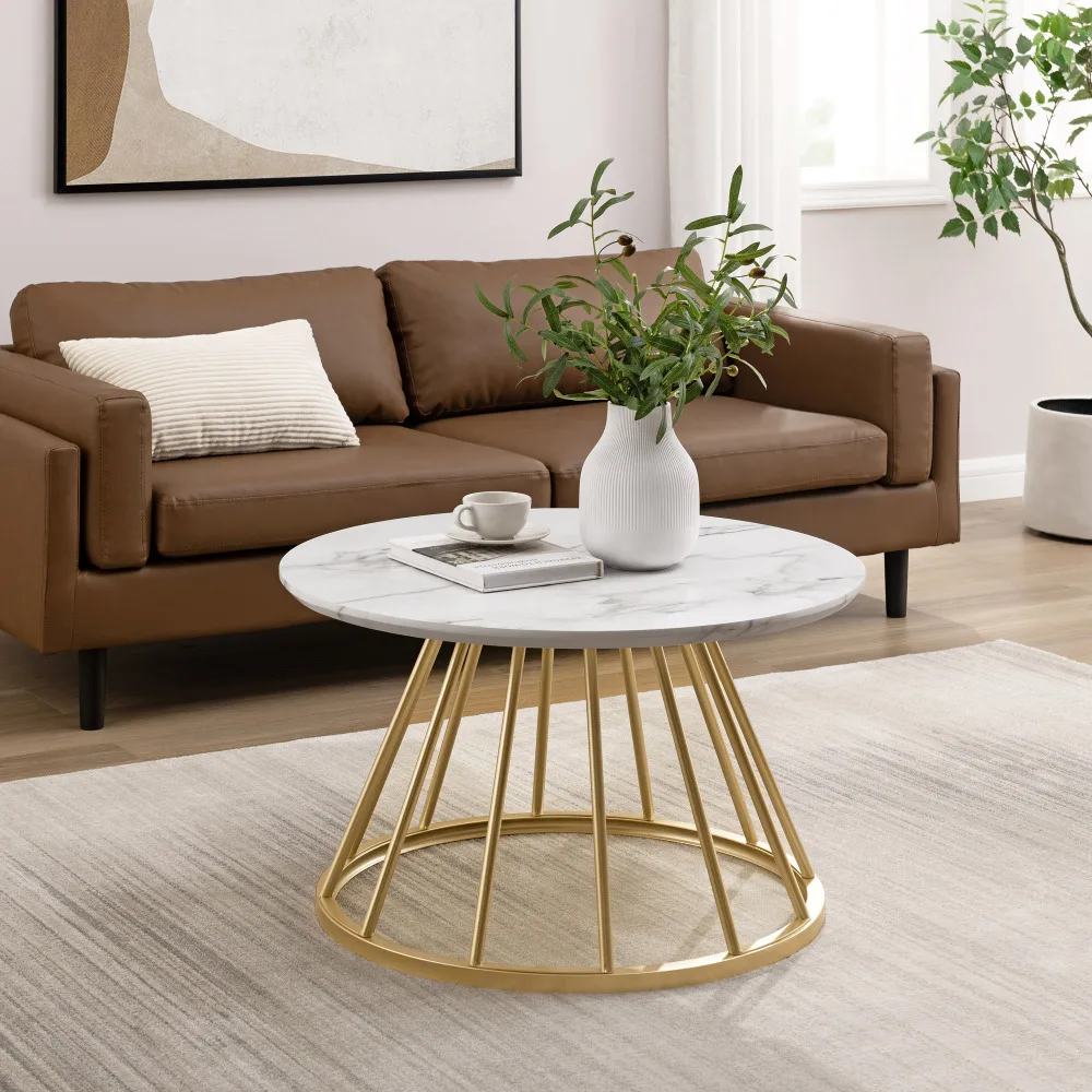 

Modern Round Coffee Table with Metal Base – White Marble / Gold Side Table End Tables Living Room Furniture