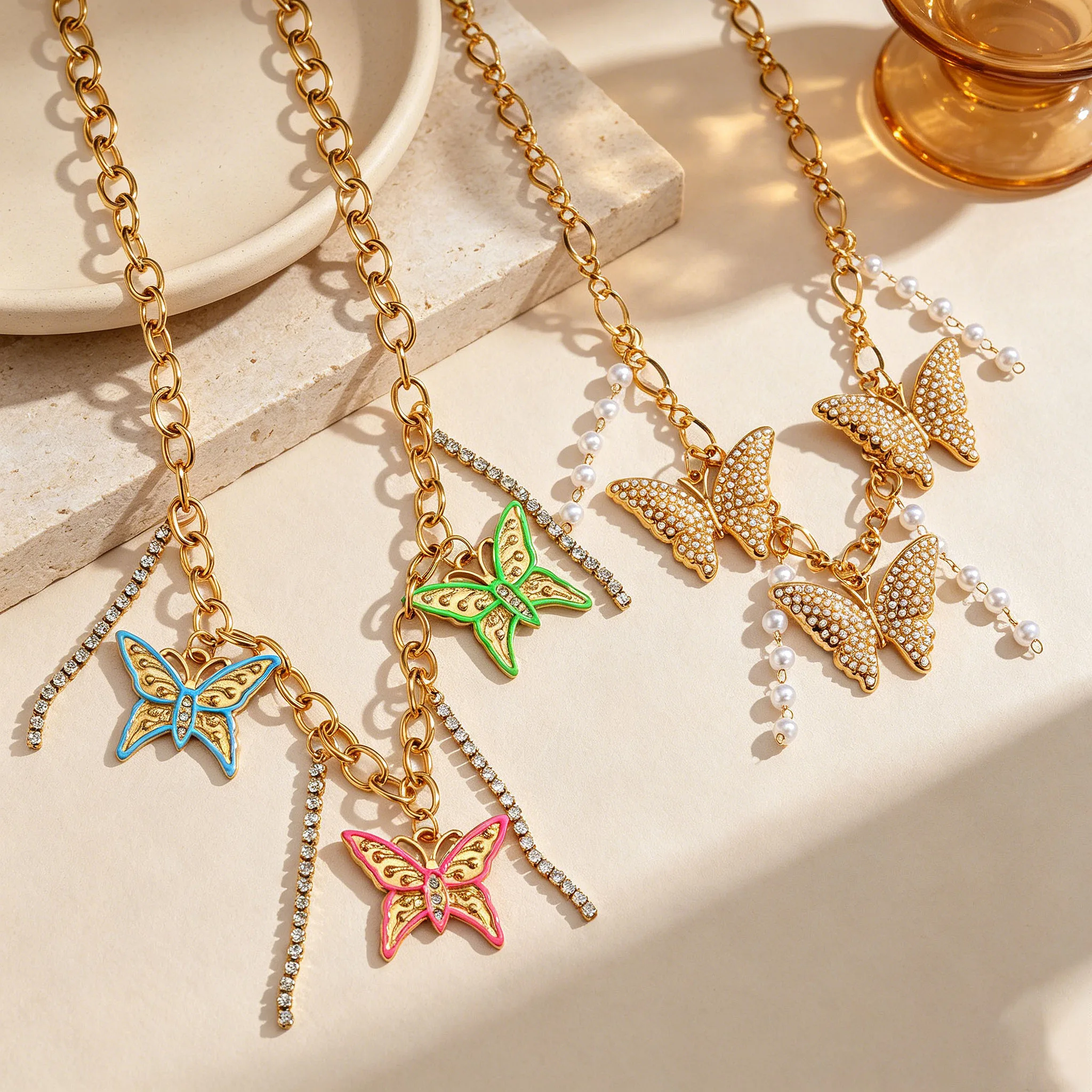

Colorful Enamel Butterfly Tassel Pearl Necklace Gold Plated Oil Drop Pendant Choker For Women Adjustable Link Chain Jewelry Gift