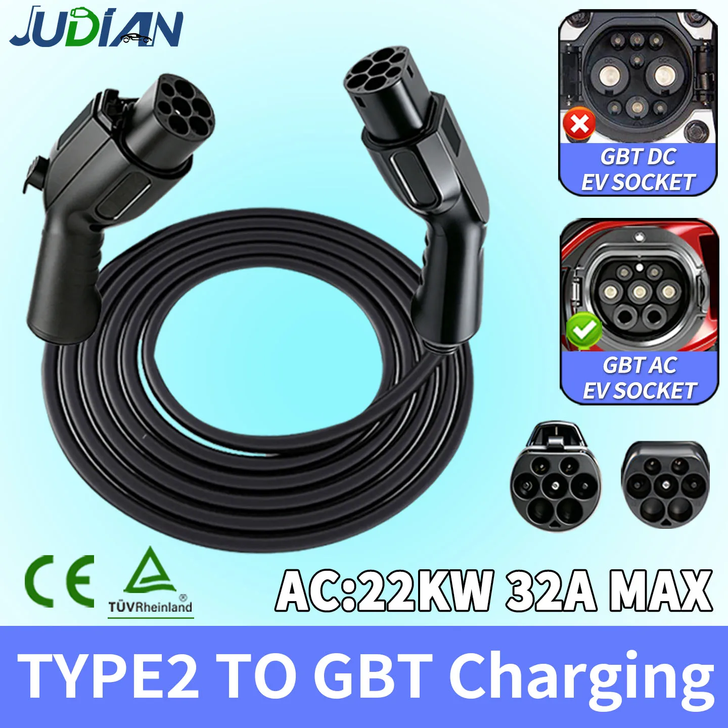Portable Electric Vehicle Charging Cord IEC 62196-2 Type2 to GB/T Connector 16A-32A 3.5-22KW for Public AC Charging Points