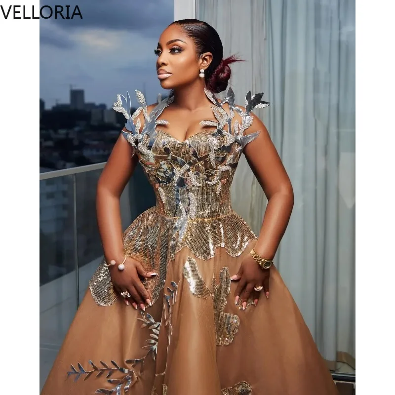 

Блестящее бальное платье для африканских женщин, без рукавов, с 3D аппликацией в виде листьев, вырезом «сердечко», для выпускного вечера, вечернее платье с тюлевой юбкой, на заказ