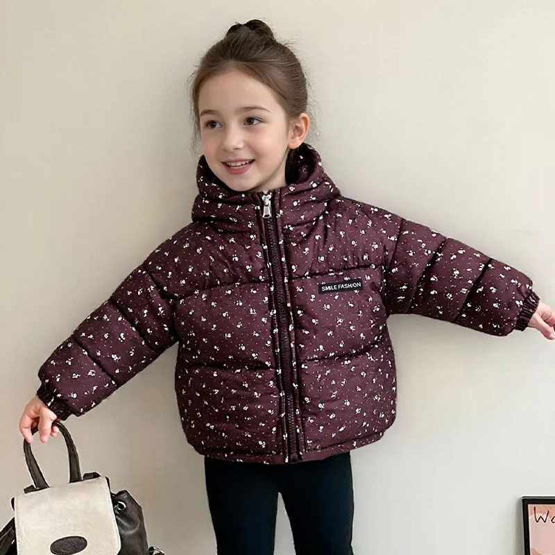 Kids Winter Floral Print Down Cotton Jacket 1-5 Years Boys Girls Plush Warm Leopard Hooded Coat Casual Zipper Outerwear