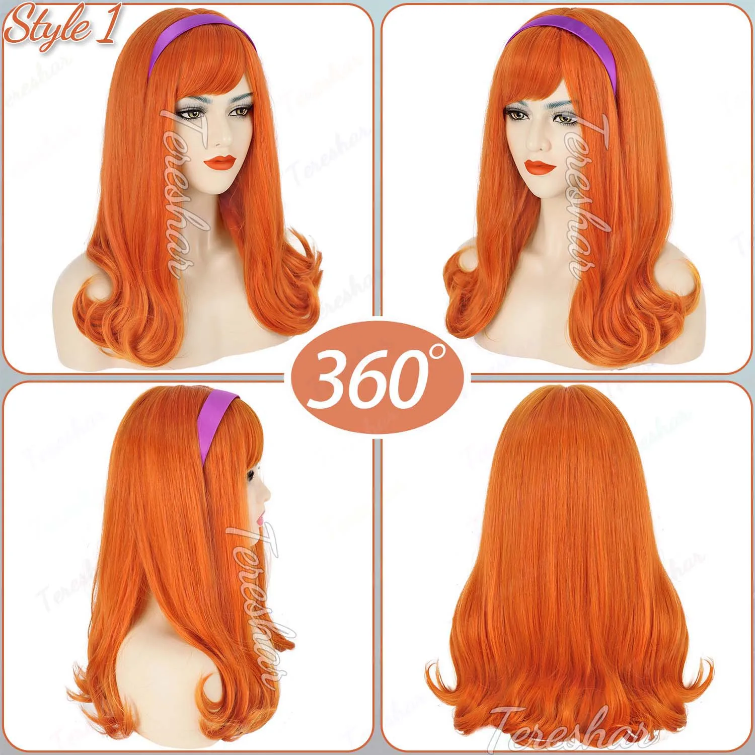 Synthetic Long Curly Orange Wig+Purple Headband Daphne Costume Wig,Short Brown Wig+Glasses+Magnifying Glass Halloween Velma Wig
