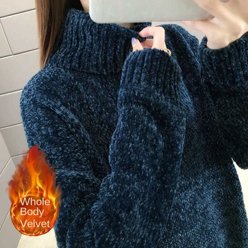 Vintage Turtleneck Winter Sweater  Warm Knitted Top Velvet Lined Loose Base Thicken Casual Lazy Style Long Sleeve Sweaters MT6