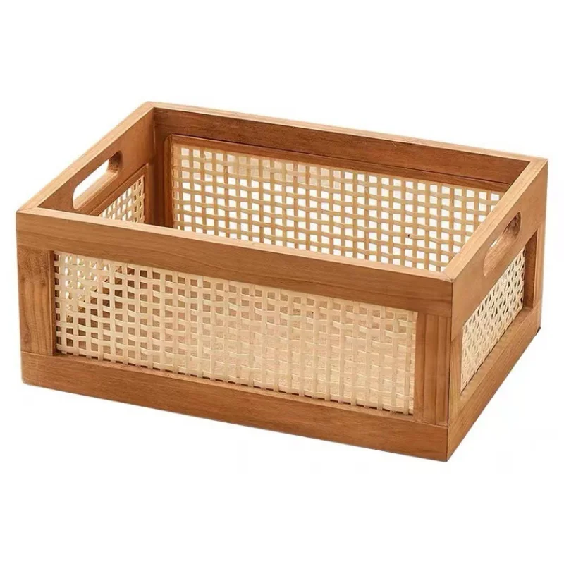 Vintage solid wood storage basket bamboo rattan desktop toys books wooden drawer storage box picnic woven basket