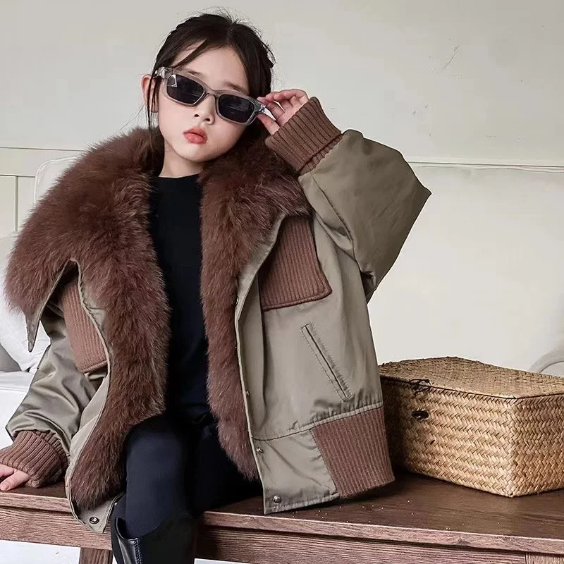 Children's Pie Overcome Medium Long Edition Big Fox Fur Collar Rex Rabbit Fur Lining Girls Fur Coat Winter New 110-170cm