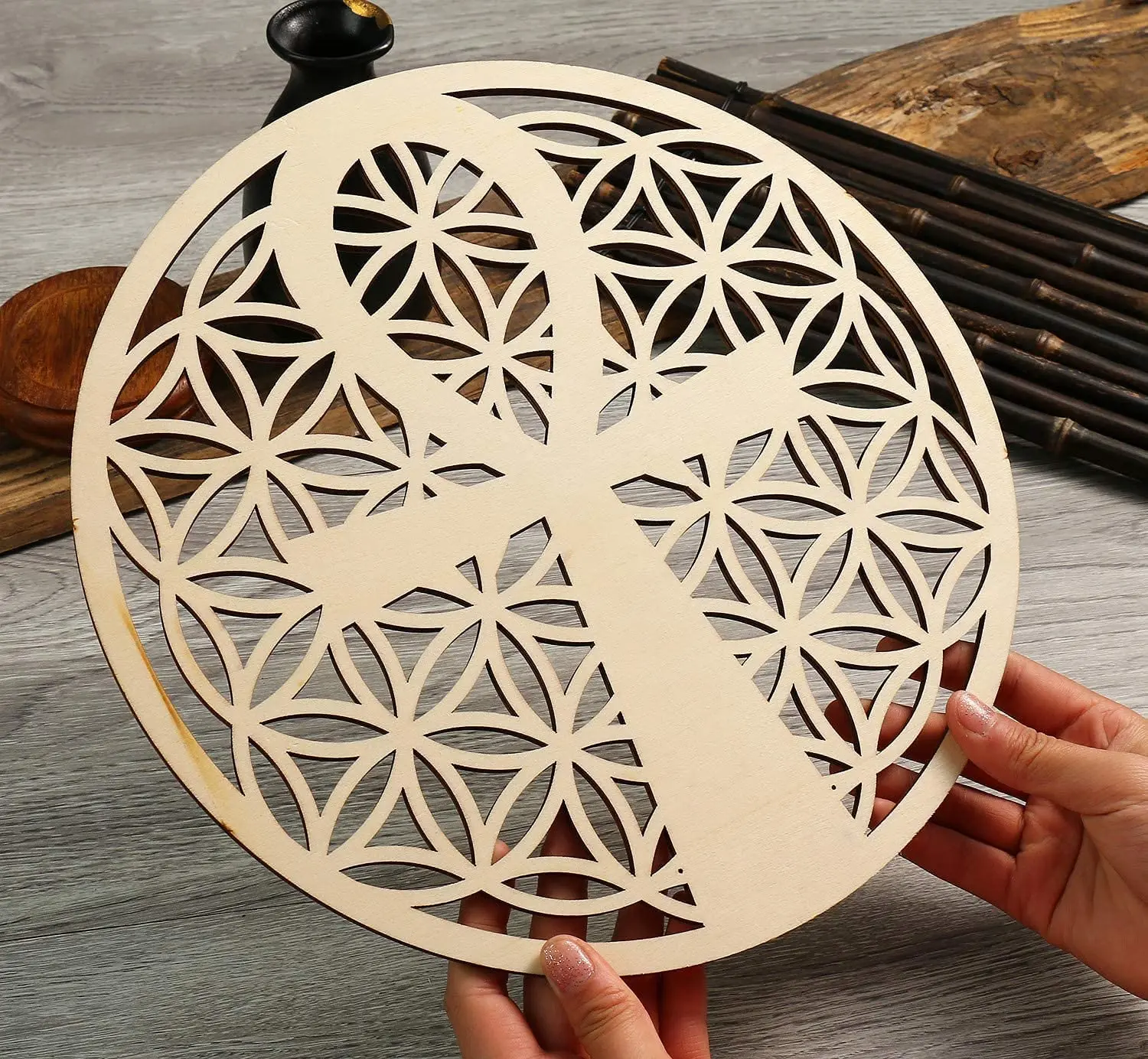 10pcs/lot 11.8 IN Ankh in Flower of Life Wall Art Ancient Egyptian Wall Decor Crystal Grid Sacred Geometry Wooden Art Hanging