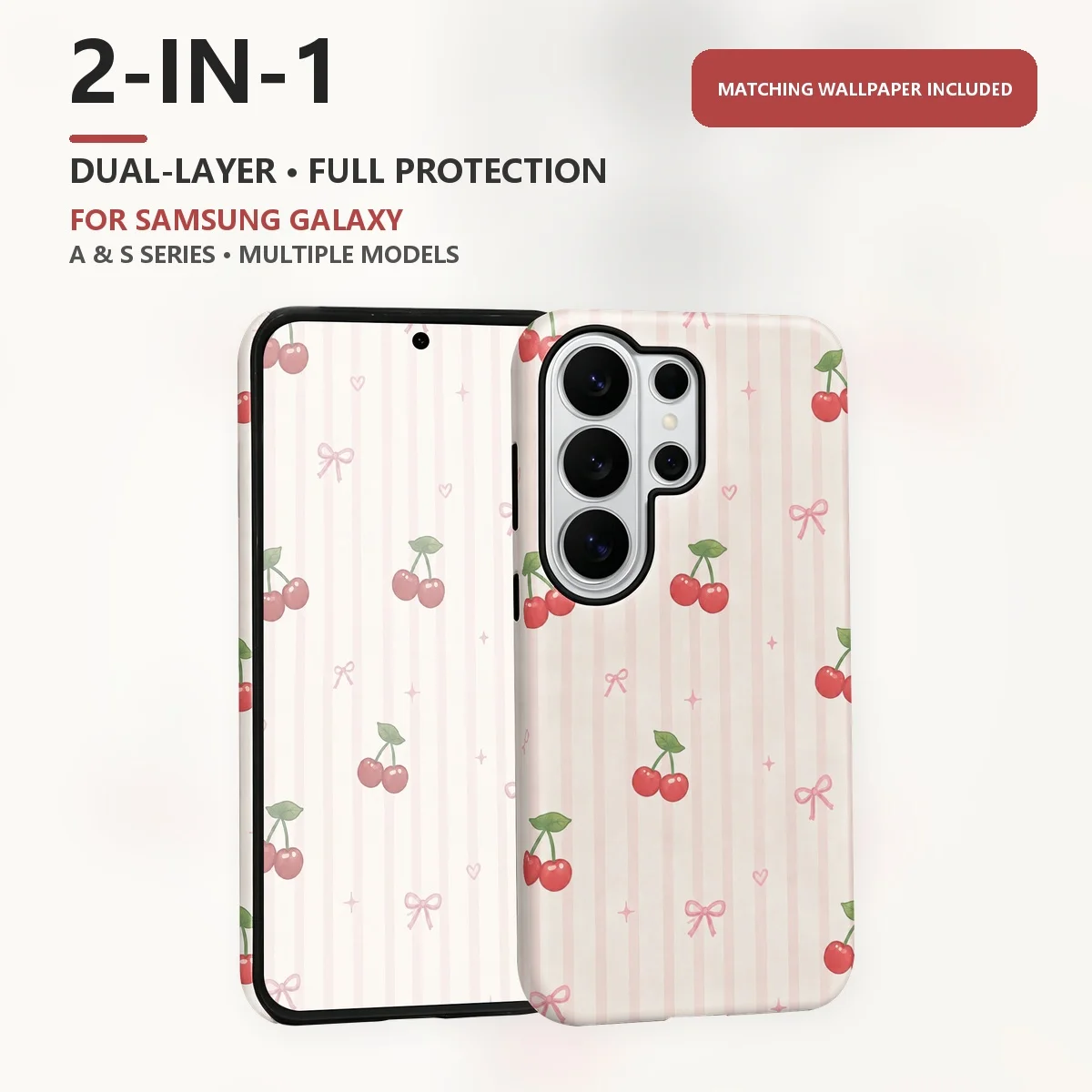 Pink Cherry Stripes 2-in-1 Dual-Layer Phone Case for Samsung Galaxy S26 S25 S24 S23 S22 S21 Plus Ultra FE S20 FE A56 A17 A16 A15